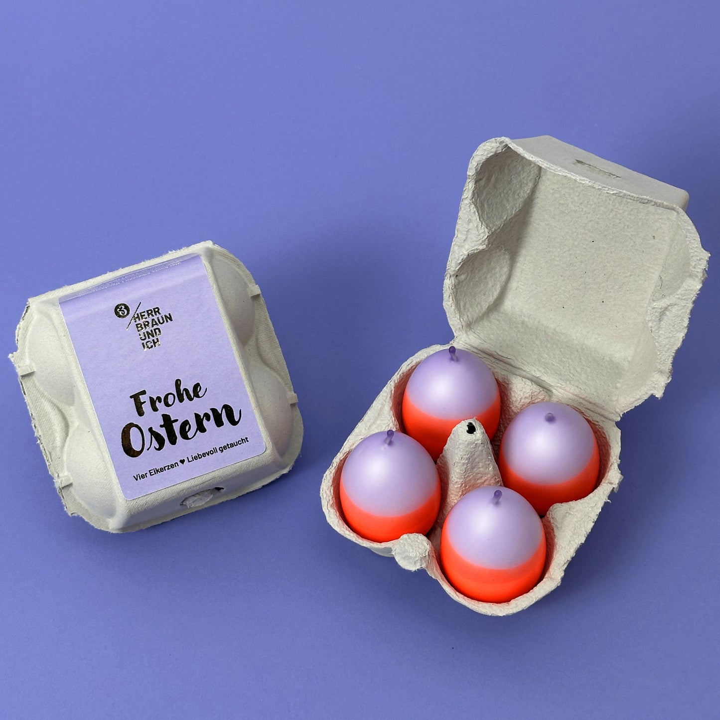 Knallereier LILAFREUDE | 4er-Set Osterkerzen | Neonorange + Malve